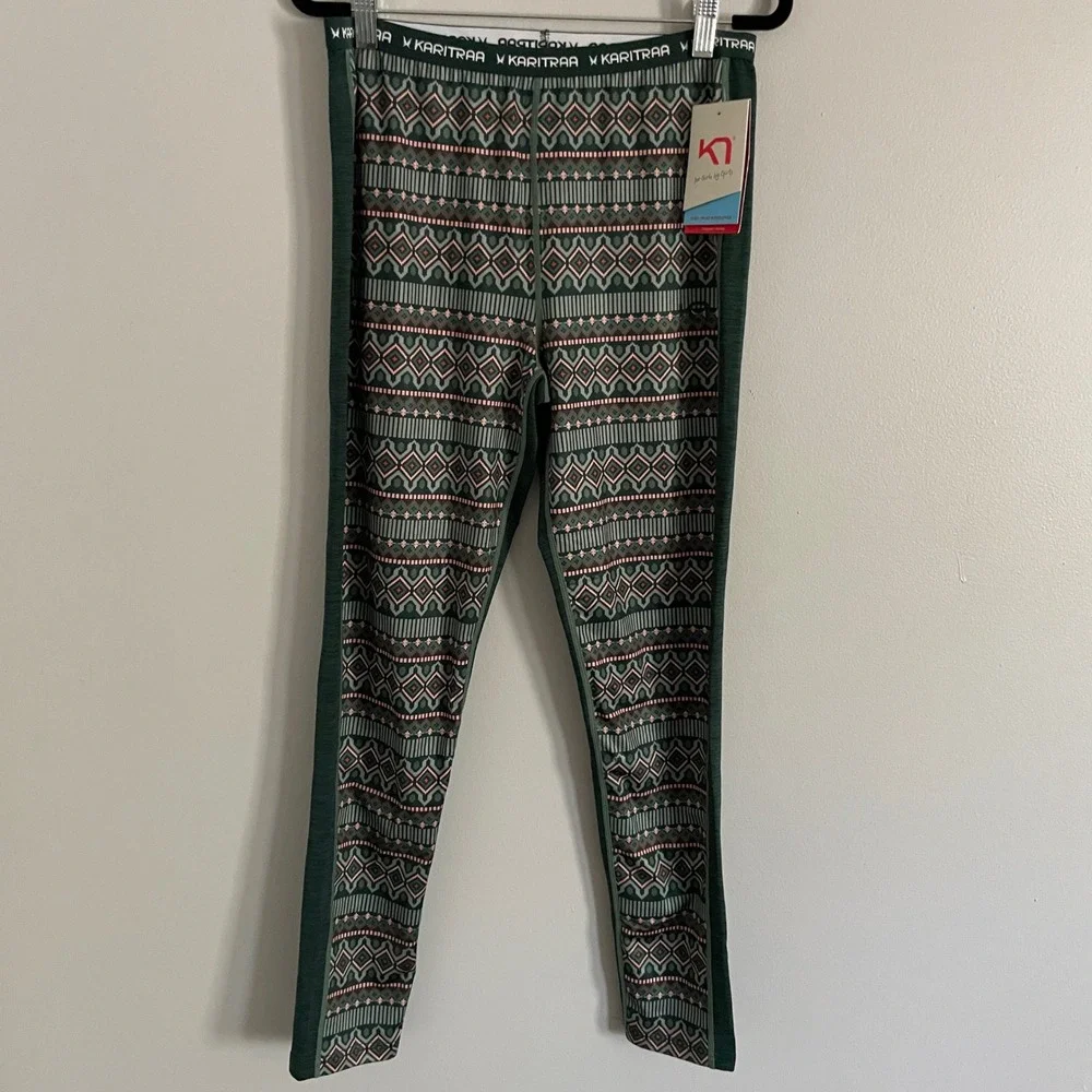 Kari Traa Lune Baselayer Womens L Green Fair Isle Geometric Thermal Leggings